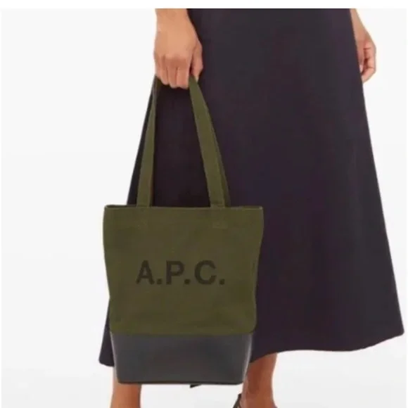 A.P.C. AXELLE LEATHER & CANVAS TOTE- OLIVE/BLACK- UNISEX NWOT- Badass! - Picture 7 of 13